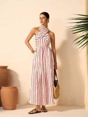 COMMENSE Criss Cross Halter Stripped Dress